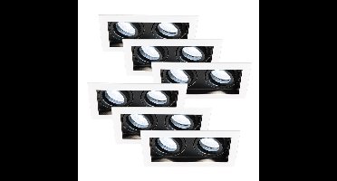 Set van 6 Durham - LED Inbouwspot - 8 Watt 690 Lumen - 6500K Daglicht wit - Dubbel - GU10 - Kantelbaar - IP20 voor binnen - Rechthoek - Wit/Zwart