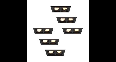 Set van 6 Fresno Dubbele Inbouwspots - Rechthoek - 2x GU10 - 2700K Warm wit - 8 watt 690 lumen - Kantelbaar - IP20 stofdicht - Zwart