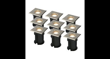 Set van 9 Ramsay LED Grondspot - Dimbaar - Vierkant - GU10 - 4 Watt 345 lumen - 2700K warm wit - RVS - IP67 waterdicht - Tuinspot - Oprit