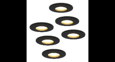 Set van 6 Porto - LED Inbouwspots - 4 Watt 345 lumen - 2700K Warm wit - GU10 - Dimbaar - Rond - IP44 voor badkamer, buiten en binnen - Zwart