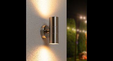 Jasmin LED Wandlamp - 8 watt 690 lumen - IP44 Waterdicht - GU10 vervangbare lichtbron - 2700K Warm Wit - Dimbaar - Binnen en buiten - Up & down light - RVS