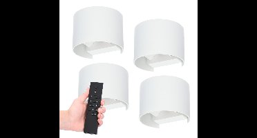 Set van 4 dimbare LED Wandlampen Denver - wit - 6 Watt 660 lumen - 3000K - Up & Down light - IP54 waterdicht - Incl. dimmer met afstandsbediening