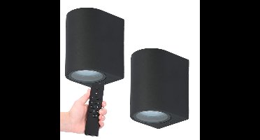 Set van 2 dimbare LED wandlamp Alvin - Zwart - 2700K warm wit- GU10 fitting - Downlight - IP65 Waterdicht - Incl. dimmer met afstandsbediening