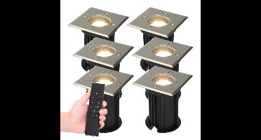 Set van 6 Ramsay LED Grondspots vierkant buiten - Dimbaar - GU10 - 2700K warm wit - 4 Watt 345 lumen - Tuinspot - RVS - IP67 waterdicht - Incl. Afstandsbediening