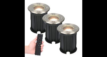 Set van 3 dimbare LED grondspot Maisy - rond - RVS - 4 Watt 345 lumen - 2700K warm wit - IP65 Waterdicht - Incl. dimmer met afstandsbediening
