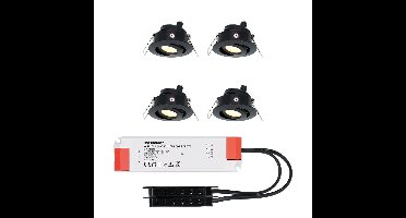 Set van 4 Sienna LED Mini Inbouwspots met trafo - 12 Volt 3 Watt 200 lumen - Kantelbaar - Plat 58mm - 2700K - IP44 waterdicht - Zwart