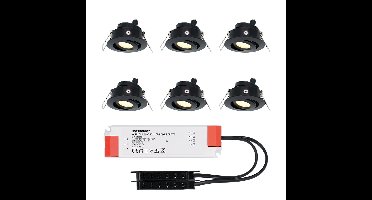 Set van 6 Sienna LED Mini Inbouwspots met trafo - 12 Volt 3 Watt 200 lumen - Kantelbaar - Plat 58mm - 2700K - IP44 waterdicht - Zwart