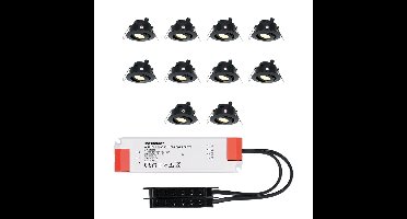 Set van 10 Sienna LED Mini Inbouwspots met trafo - 12 Volt 3 Watt 200 lumen - Kantelbaar - Plat 58mm - 2700K - IP44 waterdicht - Zwart