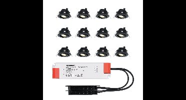 Set van 12 Sienna LED Mini Inbouwspots met trafo - 12 Volt 3 Watt 200 lumen - Kantelbaar - Plat 58mm - 2700K - IP44 waterdicht - Zwart