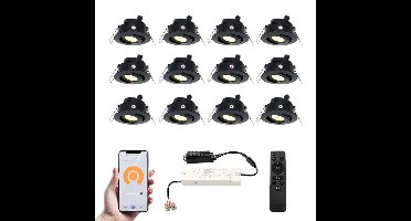 Set van 12 Sienna Smart LED Mini Inbouwspots - Veranda spots - 12V 3W 200lm - Dimbaar - Kantelbaar - Wifi & Bluetooth - 2700K - IP44 - Zwart