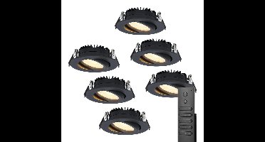 6x LED inbouwspots Rome - Zwart - 6 Watt 500 lumen - Kantelbaar - Dimbaar - 2700K warm wit - IP44 Waterdicht - Inclusief afstandsbediening - Geringe inbouwdiepte