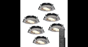 6x LED inbouwspots Rome - RVS - 6 Watt 500 lumen - Kantelbaar - Dimbaar - 2700K warm wit - IP44 Waterdicht - Inclusief afstandsbediening - Geringe inbouwdiepte