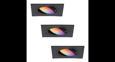 Set van 3 Mallorca - LED inbouwspot - IP20 - Kantelbaar - 5,5 Watt 345 Lumen - Wifi + Bluetooth - RGBWW - GU10 - Google Home, Amazon Alexa en Siri - Vierkant - Voor binnen - Zwart