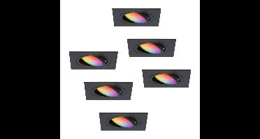Set van 6 Mallorca - LED inbouwspot - IP20 - Kantelbaar - 5,5 Watt 345 Lumen - Wifi + Bluetooth - RGBWW - GU10 - Google Home, Amazon Alexa en Siri - Vierkant - Voor binnen - Zwart