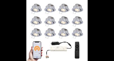 Set van 12 Sienna Smart LED Mini Inbouwspots - Veranda spots - 12V 3W 200lm - Dimbaar - Kantelbaar - Wifi & Bluetooth - 2700K - IP44 - RVS