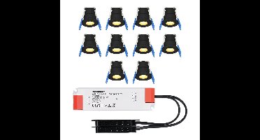 Set van 10 Milano LED Mini Inbouwspots met trafo - 12 Volt 3 Watt 200 lumen - Plat 34mm - 2700K - IP65 waterdicht - Zwart
