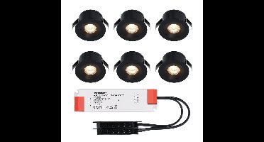 Set van 6 Cadiz LED Mini Inbouwspots met Trafo - 12 Volt 3 Watt 200 lumen - Plat 26mm - 2700K - IP44 waterdicht - Niet Dimbaar - Zwart