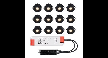 Set van 12 Cadiz LED Mini Inbouwspots met Trafo - 12 Volt 3 Watt 200 lumen - Plat 26mm - 2700K - IP44 waterdicht - Niet Dimbaar - Zwart