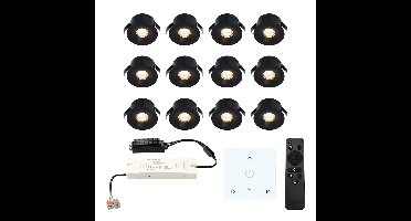 Set van 12 Cadiz LED Mini Inbouwspots met Trafo en Muurdimmer - 12 Volt 3 Watt 200 lumen - Dimbaar - Plat 26mm - 2700K - IP44 waterdicht - Zwart - Veranda Spotjes - Overkapping Spotjes