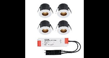 Set van 4 Olivia LED Mini Inbouwspots met Trafo - 12 Volt 3 Watt 150 lumen - Verzonken - Plat 36mm - 2700K - IP44 waterdicht - Niet Dimbaar - Wit