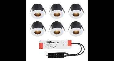 Set van 6 Olivia LED Mini Inbouwspots met Trafo - 12 Volt 3 Watt 150 lumen - Verzonken - Plat 36mm - 2700K - IP44 waterdicht - Niet Dimbaar - Wit