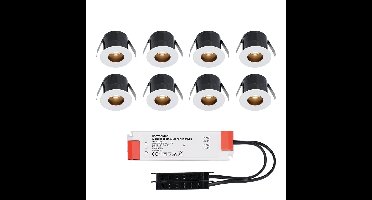 Set van 8 Olivia LED Mini Inbouwspots met Trafo - 12 Volt 3 Watt 150 lumen - Verzonken - Plat 36mm - 2700K - IP44 waterdicht - Niet Dimbaar - Wit