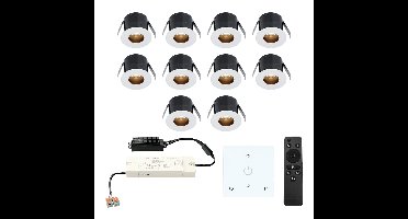 Set van 10 Olivia LED Mini Inbouwspots met Trafo en Muurdimmer - 12 Volt 3 Watt 150 lumen - Dimbaar - Verzonken - Plat 36mm - 2700K - IP44 waterdicht - Wit
