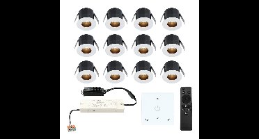 Set van 12 Olivia LED Mini Inbouwspots met Trafo en Muurdimmer - 12 Volt 3 Watt 150 lumen - Dimbaar - Verzonken - Plat 36mm - 2700K - IP44 waterdicht - Wit