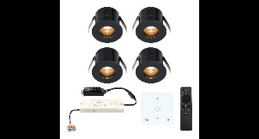 Set van 4 Olivia LED Mini Inbouwspots met Trafo en Muurdimmer - 12 Volt 3 Watt 150 lumen - Dimbaar - Verzonken - Plat 36mm - 2700K - IP44 waterdicht - Zwart