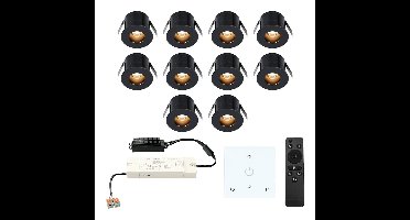 Set van 10 Olivia LED Mini Inbouwspots met Trafo en Muurdimmer - 12 Volt 3 Watt 150 lumen - Dimbaar - Verzonken - Plat 36mm - 2700K - IP44 waterdicht - Zwart