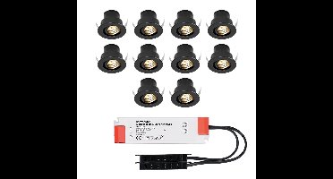 Set van 10 Medina LED Mini Inbouwspots met Trafo - 12 Volt 3 Watt 150 lumen - Kantelbaar - Verzonken - Plat 35mm - 2700K - IP44 waterdicht - Zwart
