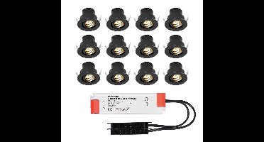 Set van 12 Medina LED Mini Inbouwspots met Trafo - 12 Volt 3 Watt 150 lumen - Kantelbaar - Verzonken - Plat 35mm - 2700K - IP44 waterdicht - Zwart