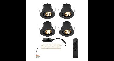 Set van 4 Medina LED Mini Inbouwspots met Trafo - 12 Volt 3 Watt 150 lumen - Dimbaar - Kantelbaar - Verzonken - Plat 35mm (Lage inbouwdiepte) - 2700K - IP44 waterdicht - Zwart