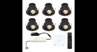 Set van 6 Medina LED Mini Inbouwspots met Trafo en Muurdimmer - 12 Volt 3 Watt 150 lumen - Dimbaar - Plat 35mm - 2700K - IP44 waterdicht - Zwart