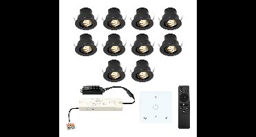 Set van 10 Medina LED Mini Inbouwspots met Trafo en Muurdimmer - 12 Volt 3 Watt 150 lumen - Dimbaar - Plat 35mm - 2700K - IP44 waterdicht - Zwart