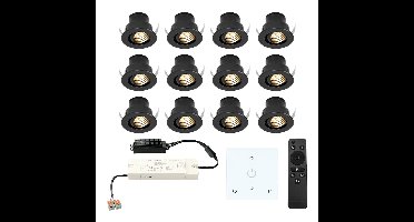Set van 12 Medina LED Mini Inbouwspots met Trafo en Muurdimmer - 12 Volt 3 Watt 150 lumen - Dimbaar - Plat 35mm - 2700K - IP44 waterdicht - Zwart