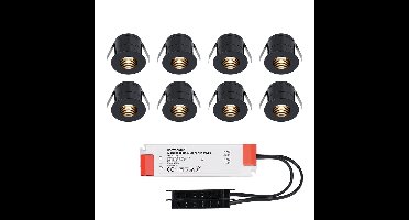 Set van 8 Betty LED Mini Inbouwspots met Trafo - 12 Volt 3 Watt 140 lumen - Verzonken - Plat 37mm - 2700K - IP44 waterdicht - Niet Dimbaar - Zwart