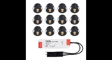 Set van 12 Betty LED Mini Inbouwspots met Trafo - 12 Volt 3 Watt 140 lumen - Verzonken - Plat 37mm - 2700K - IP44 waterdicht - Niet Dimbaar - Zwart
