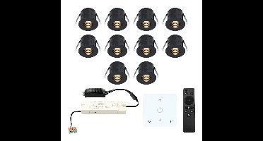 Set van 10 Betty LED Mini Inbouwspots met Trafo en Muurdimmer - 12 Volt 3 Watt 140 lumen - Dimbaar - Plat 37mm - 2700K - IP44 waterdicht - Zwart