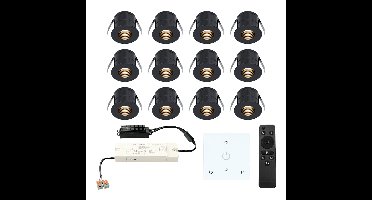 Set van 12 Betty LED Mini Inbouwspots met Trafo en Muurdimmer - 12 Volt 3 Watt 140 lumen - Dimbaar - Plat 37mm - 2700K - IP44 waterdicht - Zwart