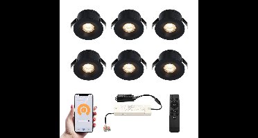 Set van 6 Cadiz Smart LED Mini Inbouwspots - Veranda spots - 12V 3W 200lm - Dimbaar - Wifi & Bluetooth - 2700K - IP44 waterdicht - Zwart