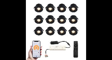 Set van 12 Cadiz Smart LED Mini Inbouwspots - Veranda spots - 12V 3W 200lm - Dimbaar - Wifi & Bluetooth - 2700K - IP44 waterdicht - Zwart