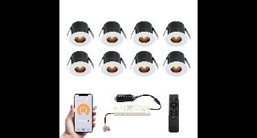Set van 8 Olivia Smart LED Mini Inbouwspots - Veranda spots - 12V 3W 150lm - Dimbaar - Wifi & Bluetooth - 2700K - IP44 waterdicht - Wit