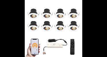Set van 8 Medina Smart LED Mini Inbouwspots - Veranda spots - 12V 3W 150lm - Dimbaar - Kantelbaar - Wifi & Bluetooth - 2700K - IP44 - Wit