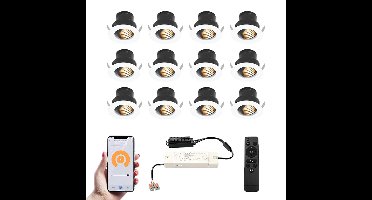 Set van 12 Medina Smart LED Mini Inbouwspots - Veranda spots - 12V 3W 150lm - Dimbaar - Kantelbaar - Wifi & Bluetooth - 2700K - IP44 - Wit