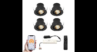 Set van 4 Medina Smart LED Mini Inbouwspots - Veranda spots - 12V 3W 150lm - Dimbaar - Kantelbaar - Wifi & Bluetooth - 2700K - IP44 - Zwart