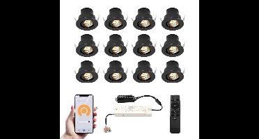 Set van 12 Medina Smart LED Mini Inbouwspots - Veranda spots - 12V 3W 150lm - Dimbaar - Kantelbaar - Wifi & Bluetooth - 2700K - IP44 - Zwart