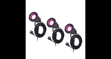 Set van 3 Sydney Smart prikspots - RGBWW - Wifi + Bluetooth - 5,5 Watt 400 lumen - IP65 Waterdicht - 1,5m netsnoer - Bestuurbaar via App - Google Home, Amazon Alexa en Siri - Zwart - Tuinspots