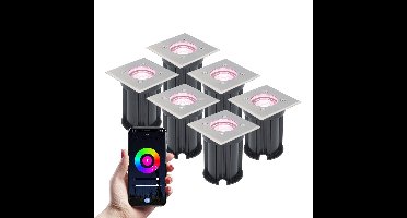 Set van 6 Smart Grondspots buiten - Vierkant - 5,5 Watt 345 lumen - RGBWW - Wifi + Bluetooth - Bestuurbaar via app - IP65 - Google Home, Amazon Alexa en Siri - RVS