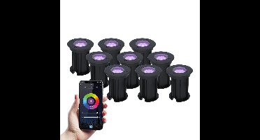 Set van 9 Maisy Smart Grondspots Rond - Ø12cm - 5.5 Watt 345 lumen - RGBWW - Wifi + Bluetooth - Bestuurbaar via app - IP67 waterdicht - Google Home - Amazon Alexa - Zwart